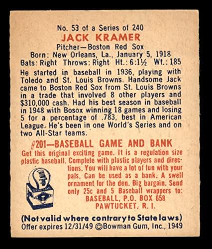 1949 Okçu 53 Jack Kramer Boston Red Sox (Beyzbol Kartı) ESKİ Red Sox