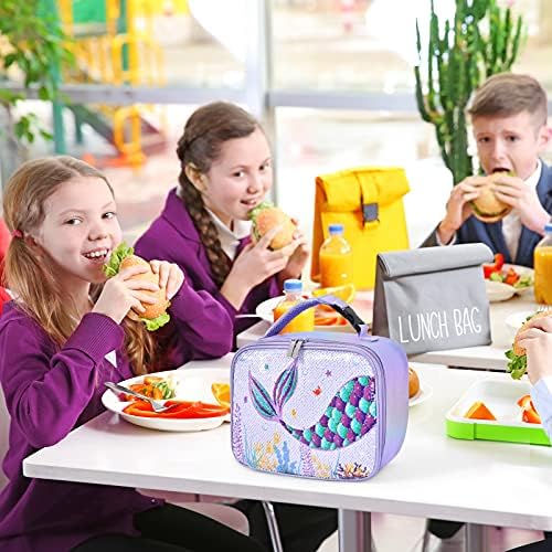 Mermaid Öğle Yemeği Çantası - Glitter Sequins Yalıtımlı Öğle Tote Çanta Çocuklar Kızlar için Okul Ofis Piknik Seyahat