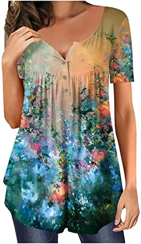 lcepcy Gizlemek Göbek Tunik Kadınlar için Kısa Kollu Baskı V Boyun Henley Tshirt 2023 Yaz Sevimli Şık Bluzlar