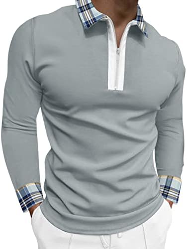 WOCACHİ Fermuar polo gömlekler Mens Uzun Kollu Casual Slim Fit Vintage Ekose Çizgili Egzersiz Spor Golf Yaka Tee