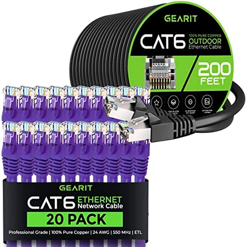GearIT 20 Paket 1ft Cat6 Ethernet Kablosu ve 200ft Cat6 Kablosu