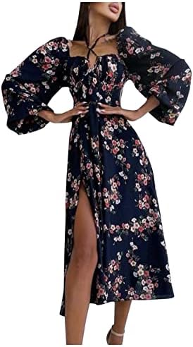 FMCHICO Bayan 2023 İlkbahar Yaz Halter Boyun Fırfır Uzun Kollu Çiçek Baskı Mini Elbise