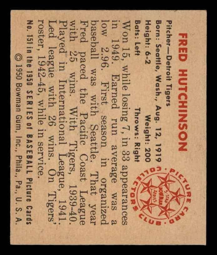 1950 Okçu 151 Fred Hutchinson Detroit Kaplanları (Beyzbol Kartı) ESKİ / MT Kaplanları
