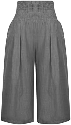 Kadın Elastik Yüksek Bel Pilili Kırpılmış cepli pantolon Katı Yaz Boho Plaj Loung Pantolon Geniş Bacak Sweatpants