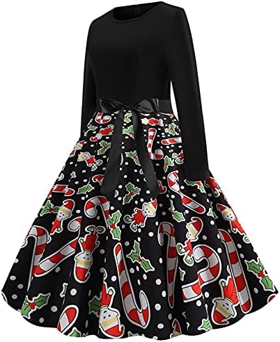 Bayan 1950s Vintage Kokteyl Elbise Noel Baskılı Uzun Kollu Midi askı elbise Tatil Komik Grafik Parti Elbise