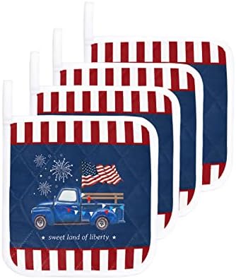 Pot Tutucu 4 Set Amerikan vatansever bayrak çiftlik kamyon Potholder ısı geçirmez kaymaz Pot sahipleri, kırmızı beyaz