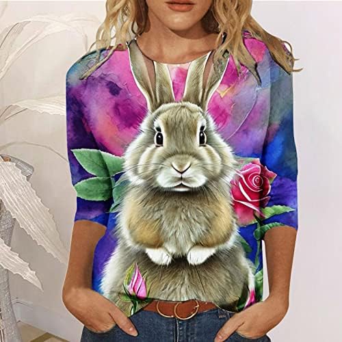 Paskalya tavşanı Gömlek Kadınlar için Rahat 3/4 Kollu Sevimli Tavşan Grafik Tshirt Moda Wokout Tunik Üstleri kadın