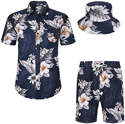 MCEDAR erkek havai gömleği ve Kısa 2 Parça Tatil Kıyafetler Setleri Casual Düğme Aşağı Plaj Çiçek Takım Elbise Kova