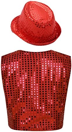 Loyan Çocuk Erkek Kız Sequins Ceket Yelek Hip-Hop Caz Latin Dans Sahne Performansı Kostüm ile Şapka Kırmızı Bir 11-12