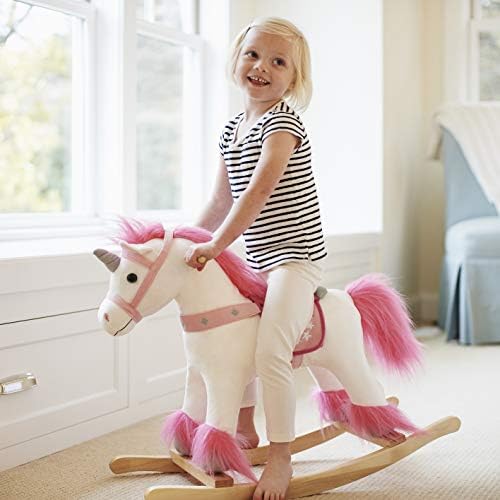 Hayvan Macerası / Gerçek Ahşap Ride-On Peluş Rocker / Beyaz ve Pembe Tek Boynuzlu At / 3 Yaş ve Üstü Çocuklar için