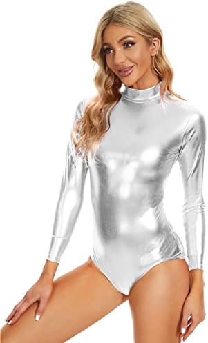 speerise Kadınlar Metalik Bodysuit Parlak Uzun Kollu Leotard Lateks Bodysuit Cadılar Bayramı Kostüm