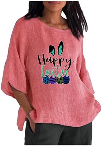 Mutlu Paskalya Gömlek Kadınlar için Sevimli Tavşan Baskı Tunik Yaz Pamuk Keten Üst Moda 3/4 Kollu Crewneck Tshirt
