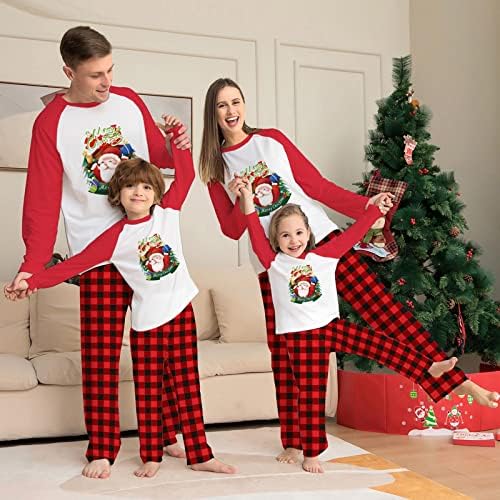 Dksld Yumuşak Pijama Setleri, Santa Baskı Raglan Uzun Kollu Gömlek Ekose Pantolon Loungewear Kadınlar / Erkekler/Çocuklar