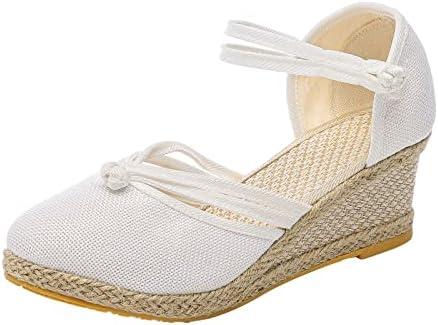 Kadınlar için 2023 Sandalet Şık Yaz Keten Platformu Kama Moda Çok Yönlü Örgülü Toka Nefes Kama su ayakkabısı Beyaz