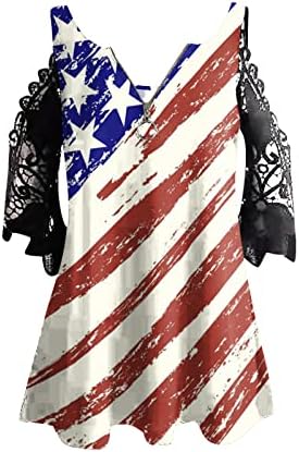 Kadın Amerikan Bayrağı Yıldız Çizgili Dantel Soğuk Omuz T-Shirt 4th Temmuz Bağımsızlık Günü Gevşek Grafik Gömlek
