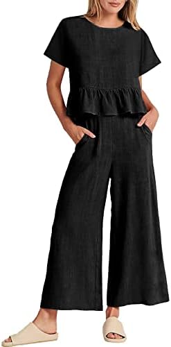 Mike Pantolon Kadın 2 Parça Kıyafetler Kadınlar için 2023 Yaz Kısa Kollu Mahsul Tops Geniş Bacak pantolon seti Kadın