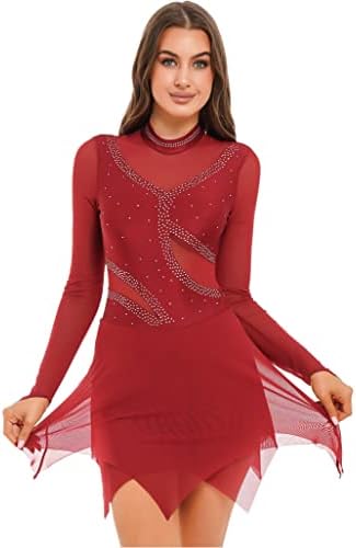 TSSOE Kadınlar Uzun Kollu Glitter Rhinestone artistik patinaj Elbise Örgü Patchwork Lirik dans kostümü