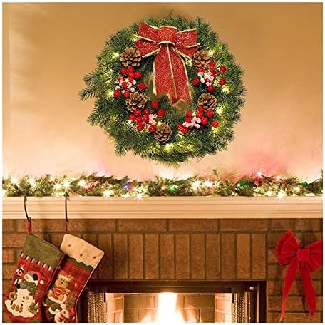Noel çelengi Çam Kozalakları ile 16 inç LED Noel Çelengi Kırmızı Meyveler, Kırmızı İlmek Işıklı Noel Çelengi Kış