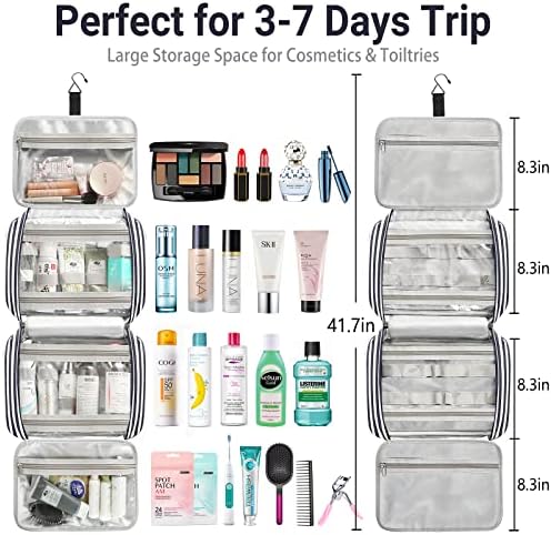 Bosıdu Asılı Seyahat makyaj çantası,4 Bölmeli ve 1 Sağlam Kancalı Kadınlar için Büyük Kapasiteli Kozmetik Seyahat