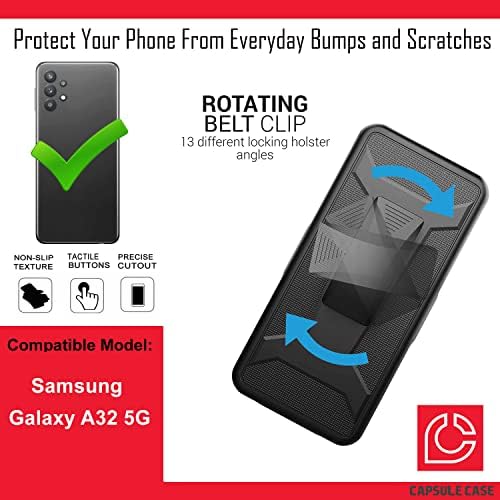 Kapsül Kılıf için Uyumlu Galaxy A32 5G [Askeri Sınıf Darbeye Ağır Kickstand Kemer Klip Kılıf Siyah Kılıf Kapak] Samsung