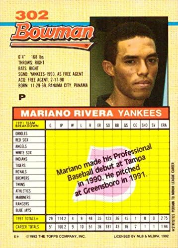 1992 Bowman Beyzbol 302 Mariano Rivera Çaylak Kartı-TEK gerçek Çaylak Kartı!